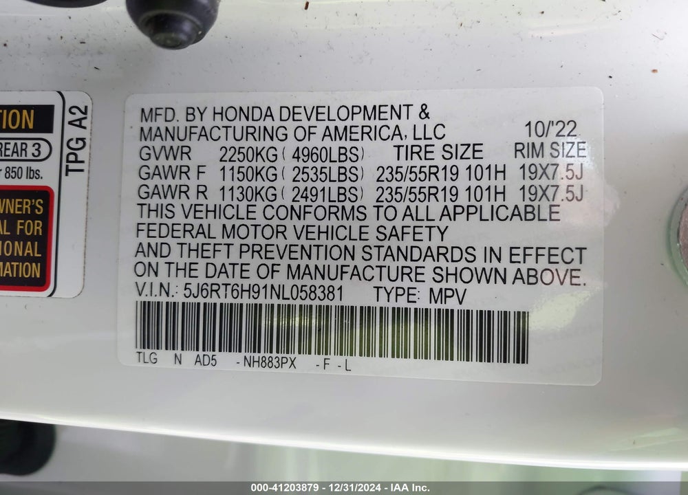 2022 HONDA CR-V HYBRID TOURING VIN: 5J6RT6H91NL058381