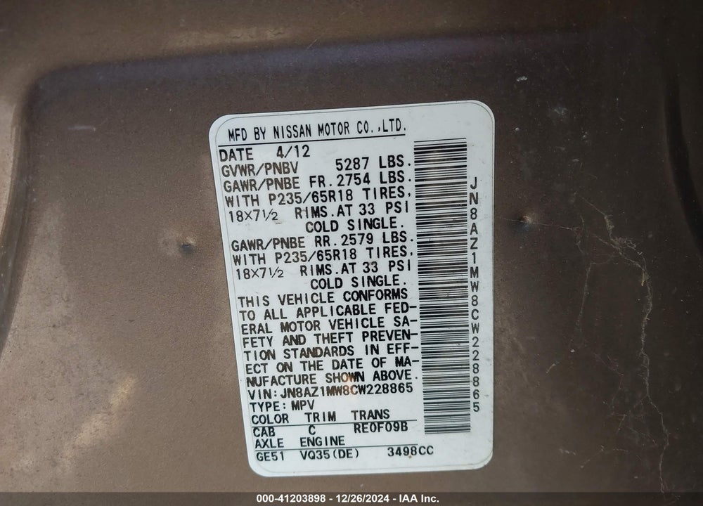 2012 NISSAN MURANO SV VIN: JN8AZ1MW8CW228865