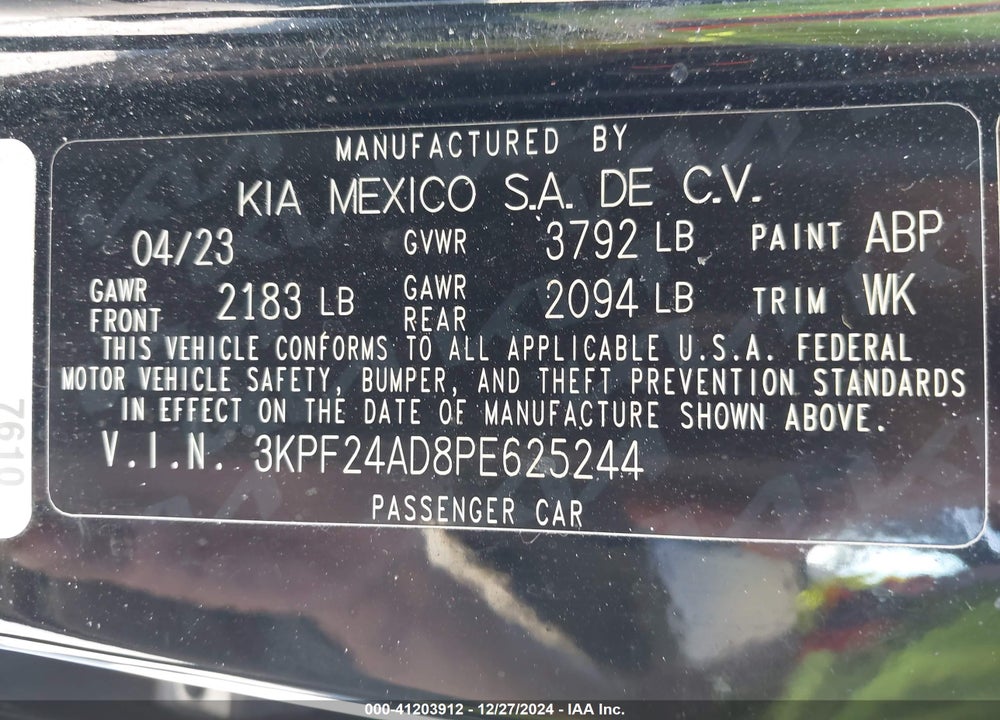 2023 KIA FORTE VIN: 3KPF24AD8PE625244