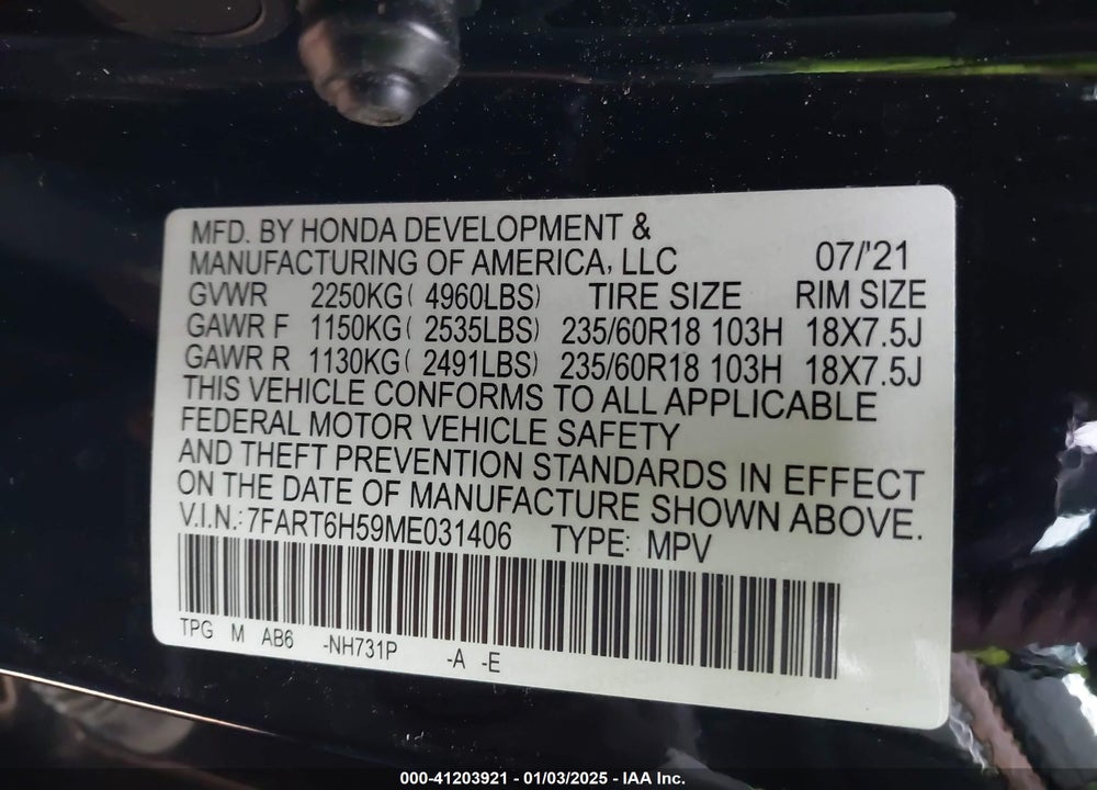 2021 HONDA CR-V VIN: 7FART6H59ME031406