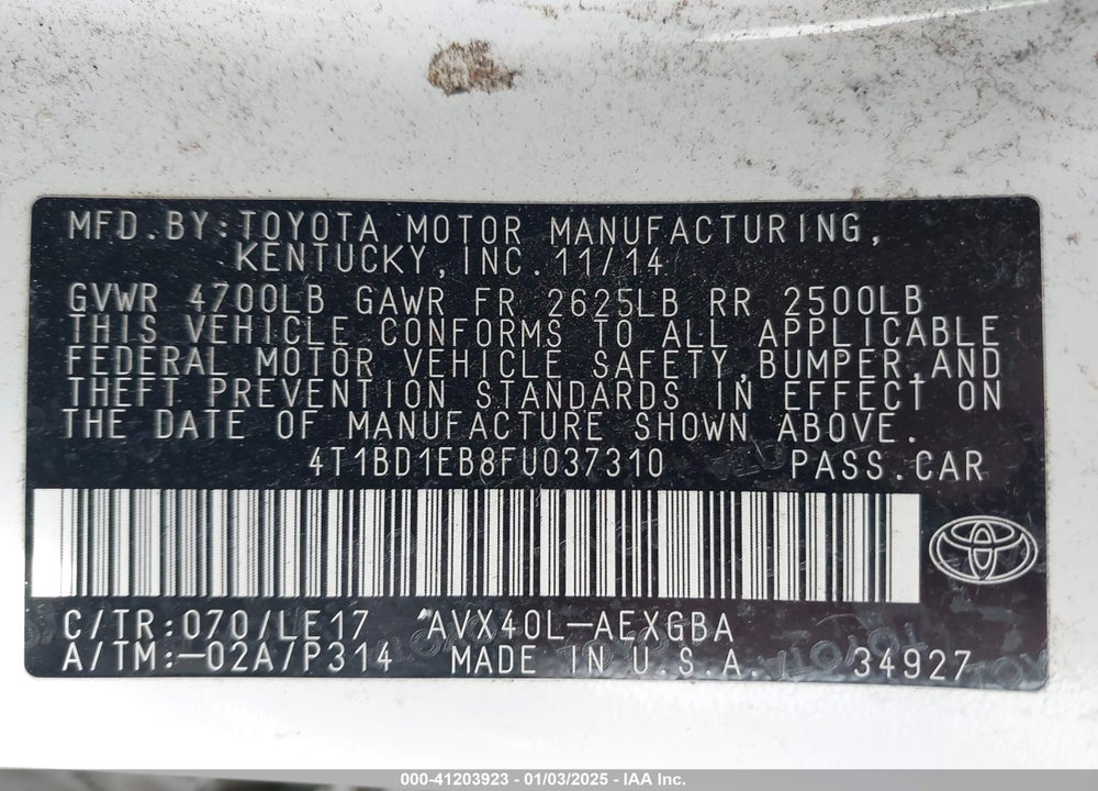 2015 TOYOTA AVALON HYBRID XLE TOURING VIN: 4T1BD1EB8FU037310