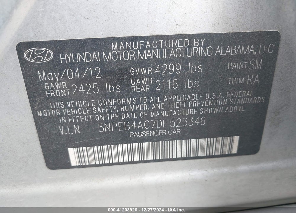 2013 HYUNDAI SONATA GLS VIN: 5NPEB4AC7DH523346