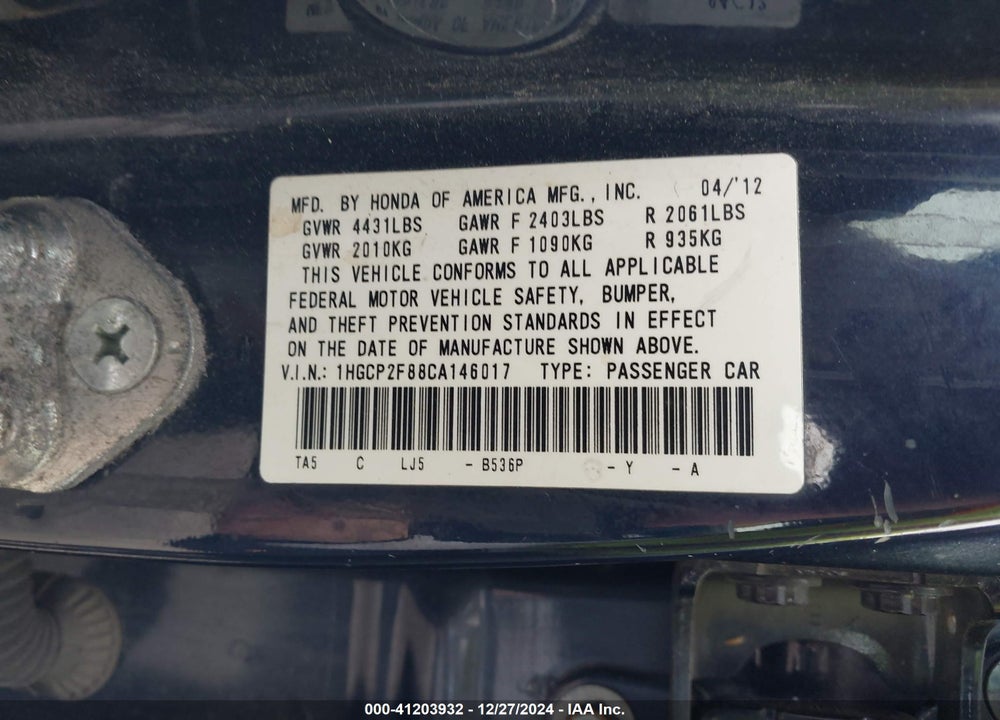 2012 HONDA ACCORD 2.4 EX-L VIN: 1HGCP2F88CA146017
