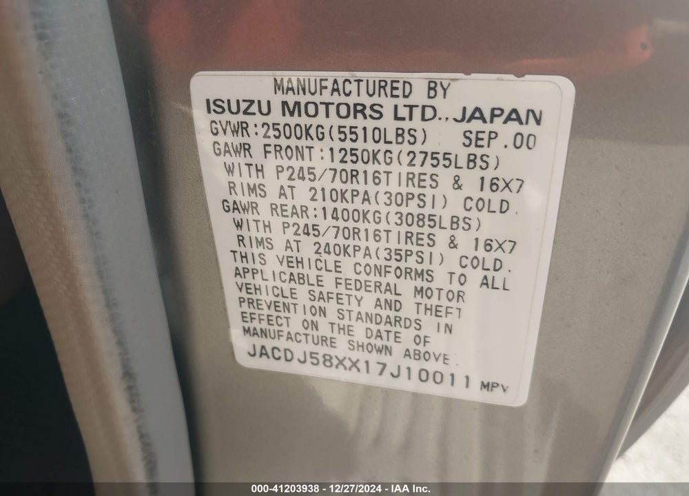 2001 ISUZU TROOPER LIMITED/LS/S VIN: JACDJ58XX17J10011