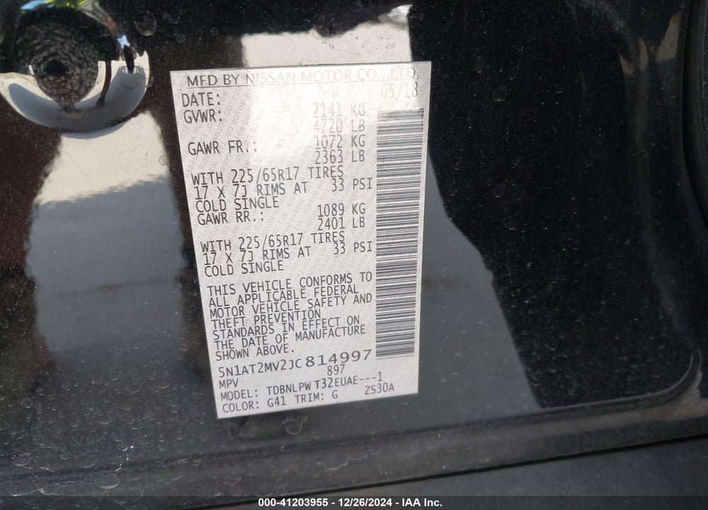2018 NISSAN ROGUE S VIN: 5N1AT2MV2JC814997