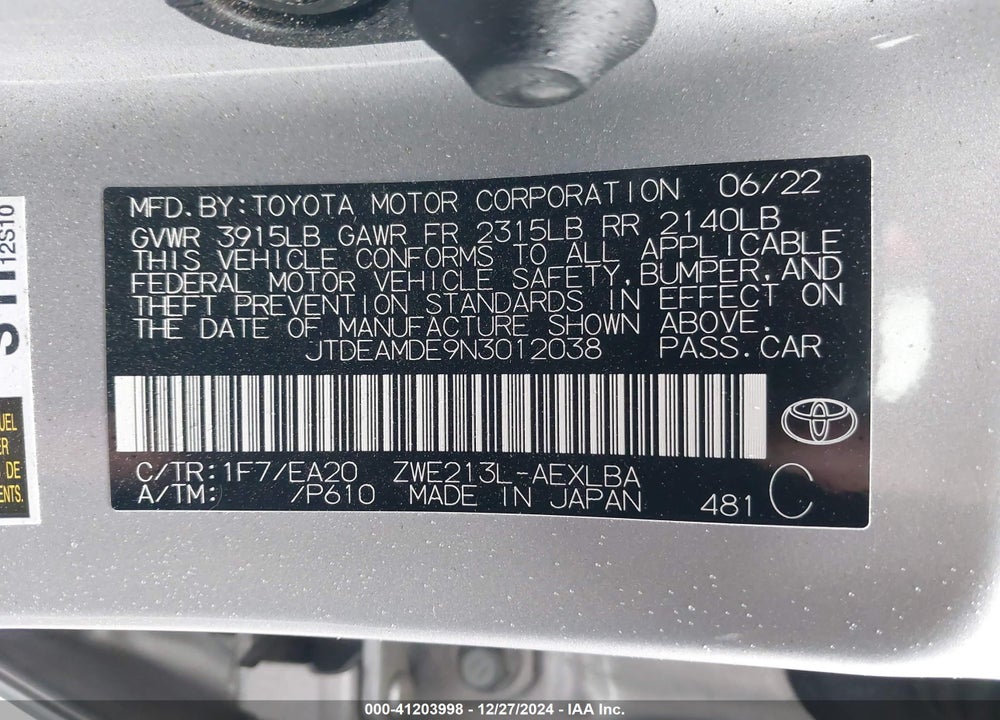 2022 TOYOTA COROLLA VIN: JTDEAMDE9N3012038