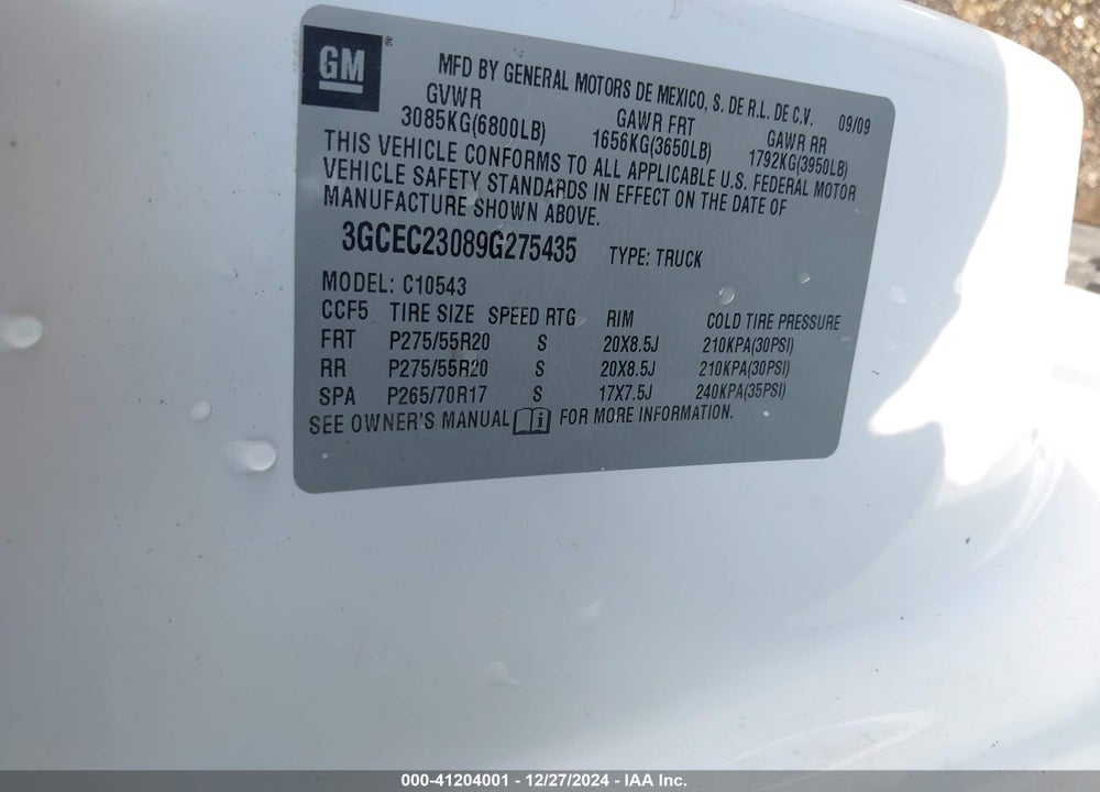 2009 CHEVROLET SILVERADO 1500 LT VIN: 3GCEC23089G275435