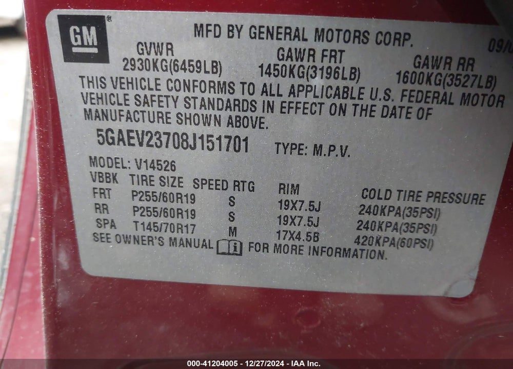 2008 BUICK ENCLAVE CXL VIN: 5GAEV23708J151701