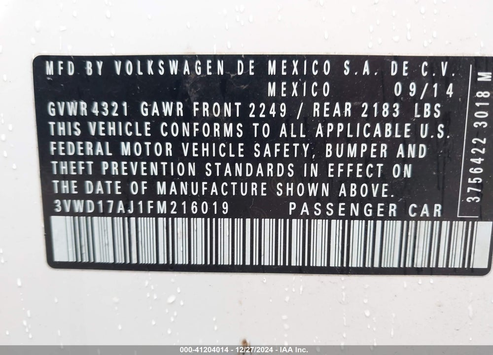 2015 VOLKSWAGEN JETTA 1.8T SPORT VIN: 3VWD17AJ1FM216019