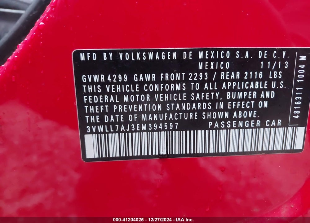 2014 VOLKSWAGEN JETTA 2.0L TDI VIN: 3VWLL7AJ3EM394597