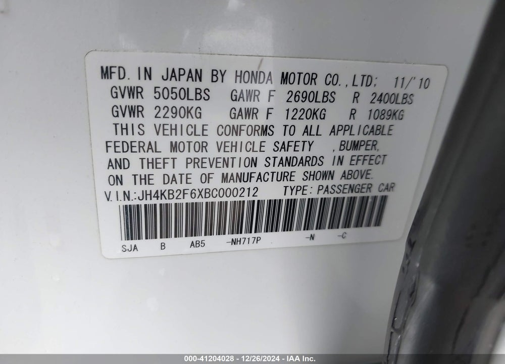 2011 ACURA RL 3.7 VIN: JH4KB2F6XBC000212