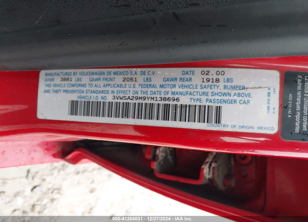 2000 VOLKSWAGEN JETTA GLS VIN: 3VWSA29M9YM138696