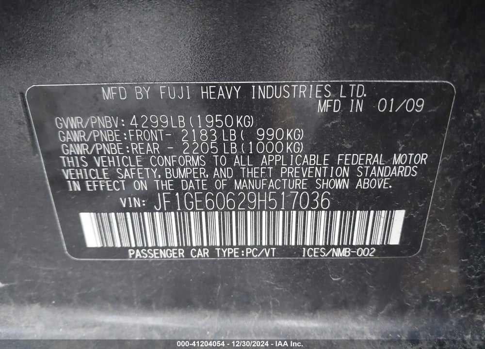 2009 SUBARU IMPREZA 2.5I VIN: JF1GE60629H517036