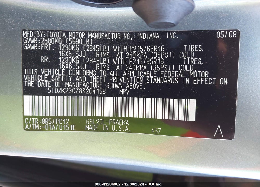 2008 TOYOTA SIENNA LE VIN: 5TDZK23C78S204158
