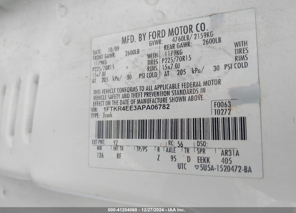 2010 FORD RANGER SPORT/XLT VIN: 1FTKR4EE3APA06782