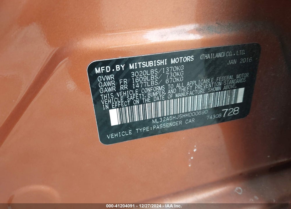 2017 MITSUBISHI MIRAGE GT VIN: ML32A5HJ5HH000690