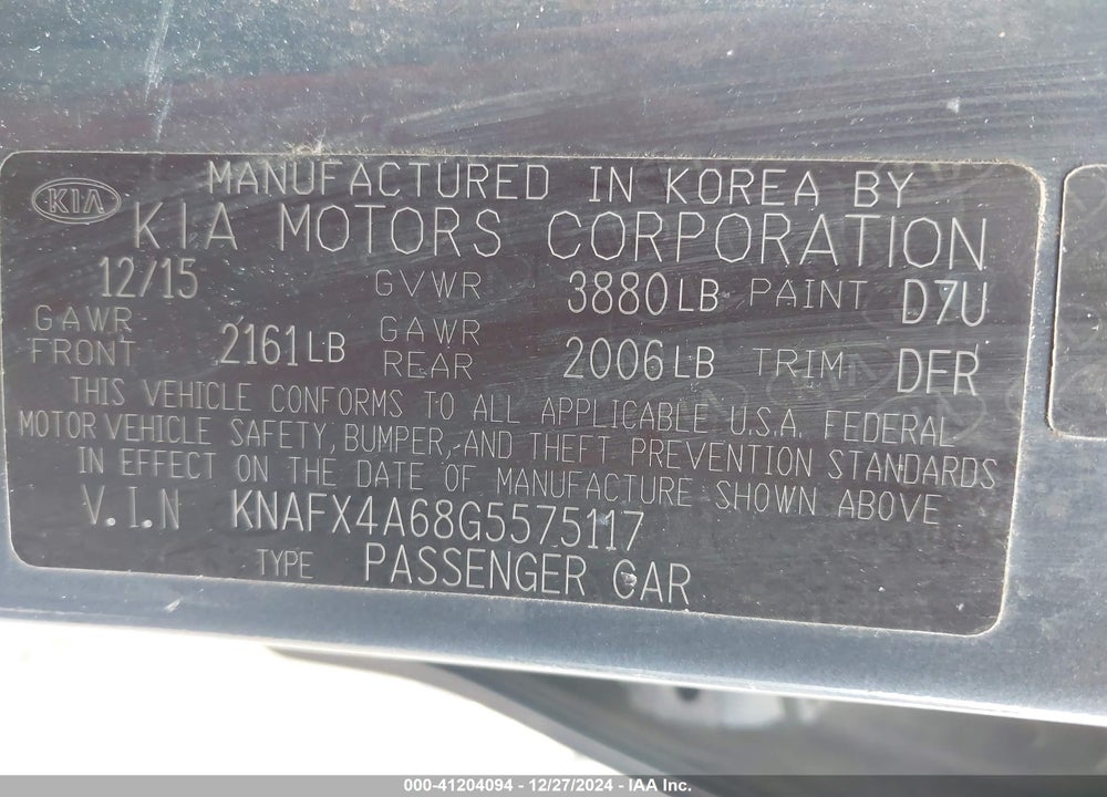2016 KIA FORTE LX VIN: KNAFX4A68G5575117