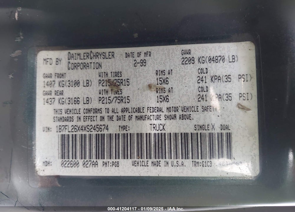 1999 DODGE DAKOTA SLT/SPORT VIN: 1B7FL26X4XS245674