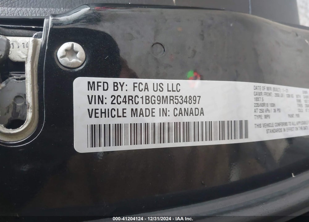 2021 CHRYSLER PACIFICA TOURING L VIN: 2C4RC1BG9MR534897