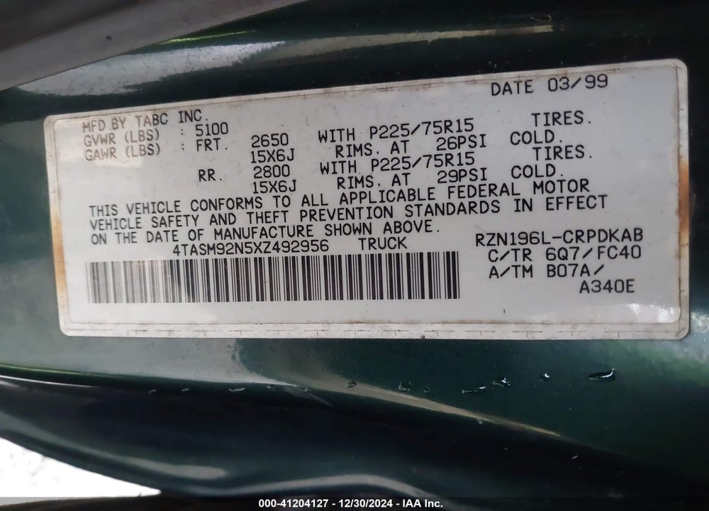 1999 TOYOTA TACOMA PRERUNNER VIN: 4TASM92N5XZ492956