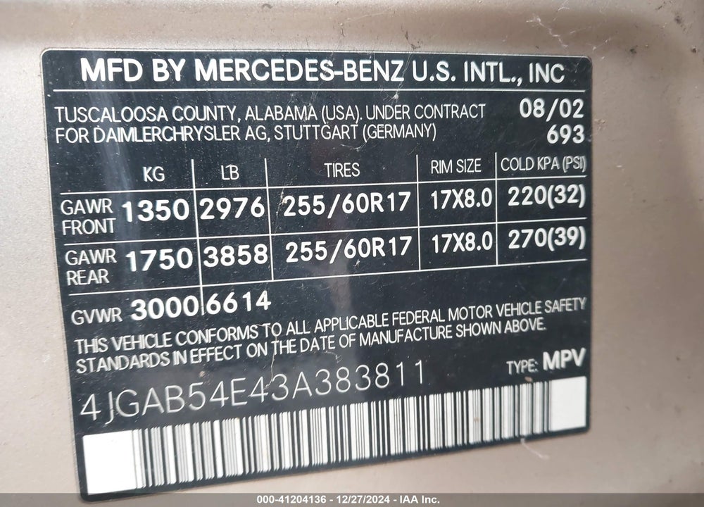 2003 MERCEDES-BENZ ML 320 VIN: 4JGAB54E43A383811