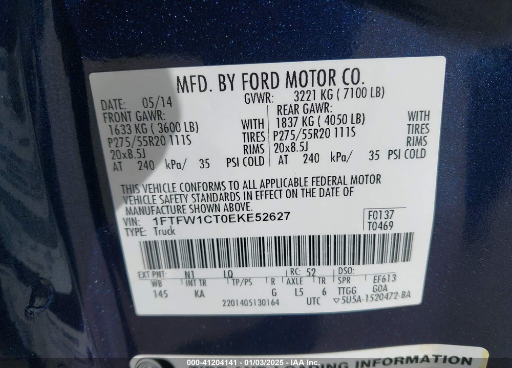 2014 FORD F-150 VIN: 1FTFW1CT0EKE52627