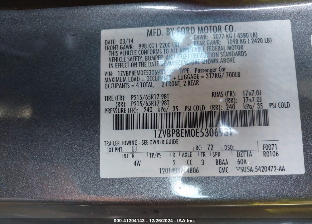 2014 FORD MUSTANG VIN: 1ZVBP8EM0E5306931