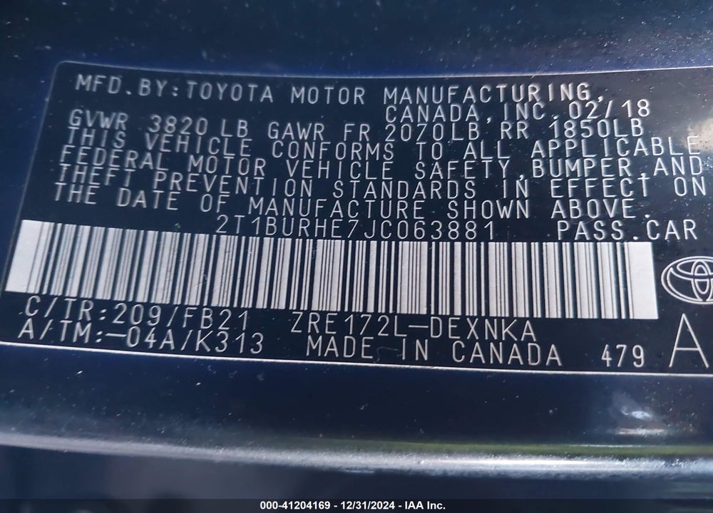 2018 TOYOTA COROLLA LE VIN: 2T1BURHE7JC063881