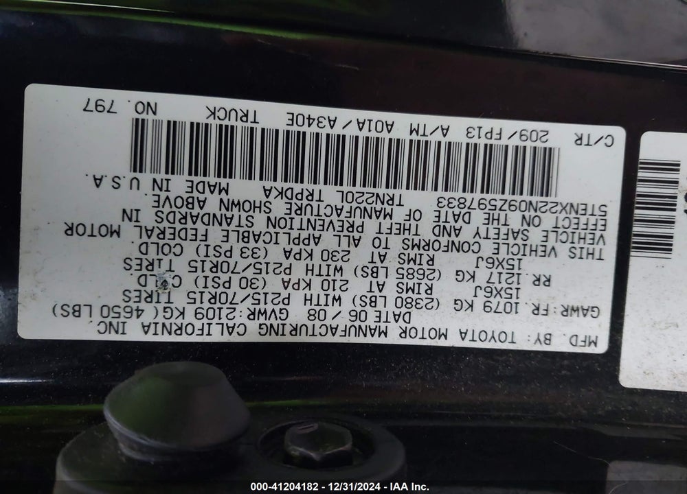 2009 TOYOTA TACOMA VIN: 5TENX22N09Z597833