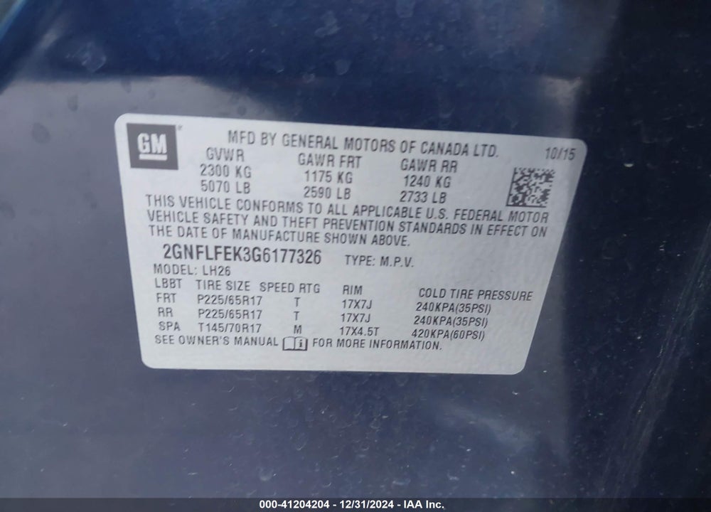 2016 CHEVROLET EQUINOX LT VIN: 2GNFLFEK3G6177326