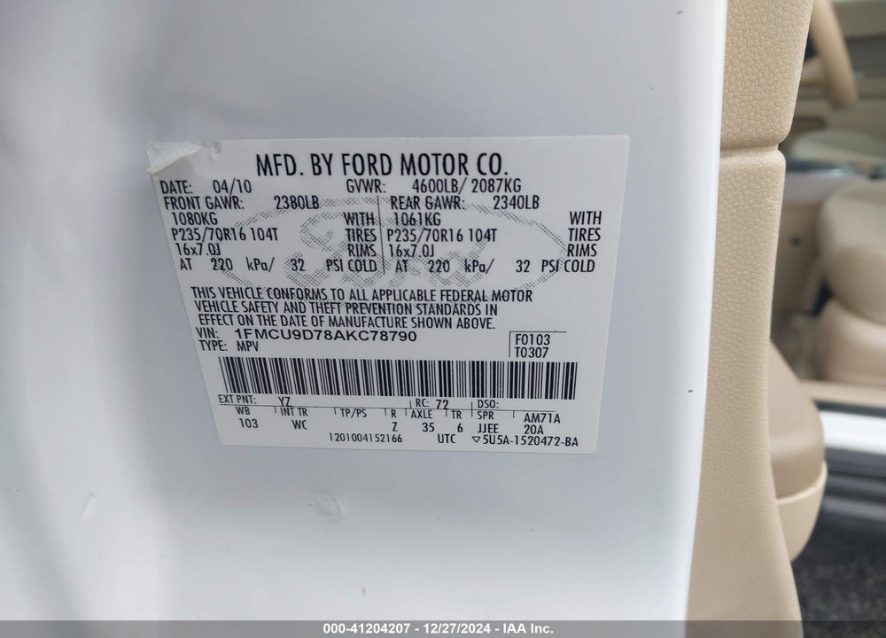 2010 FORD ESCAPE XLT VIN: 1FMCU9D78AKC78790
