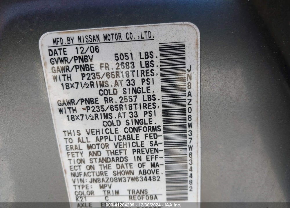 2007 NISSAN MURANO SL VIN: JN8AZ08W37W634482