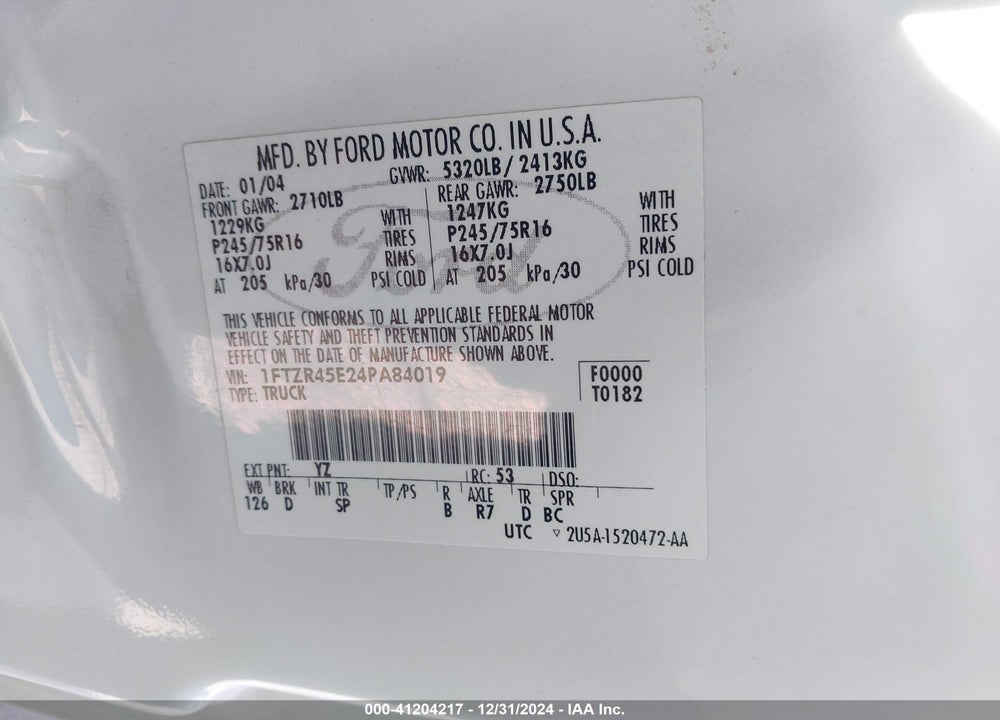 2004 FORD RANGER EDGE/TREMOR/XLT VIN: 1FTZR45E24PA84019