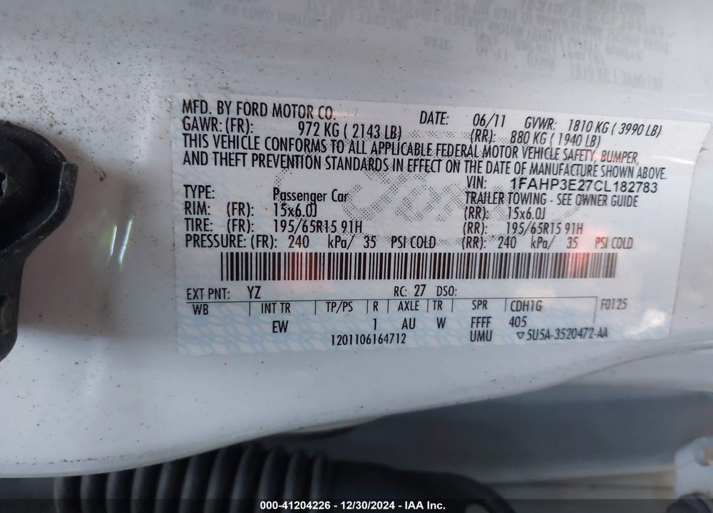 2012 FORD FOCUS S VIN: 1FAHP3E27CL182783