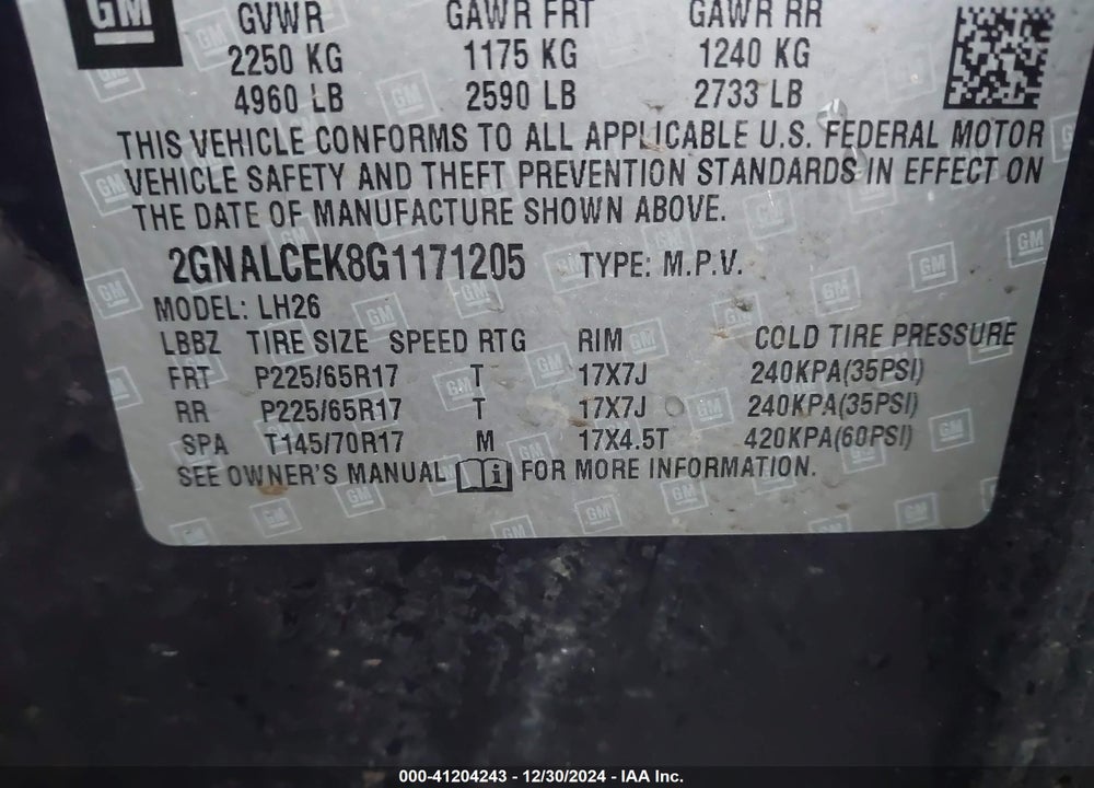 2016 CHEVROLET EQUINOX LT VIN: 2GNALCEK8G1171205