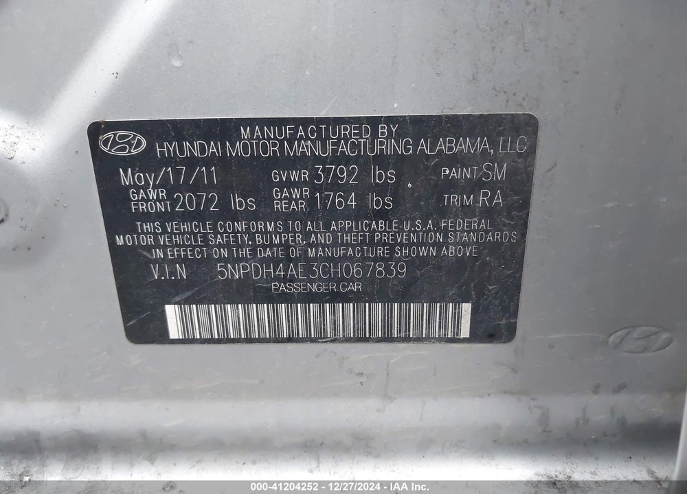 2012 HYUNDAI ELANTRA GLS VIN: 5NPDH4AE3CH067839