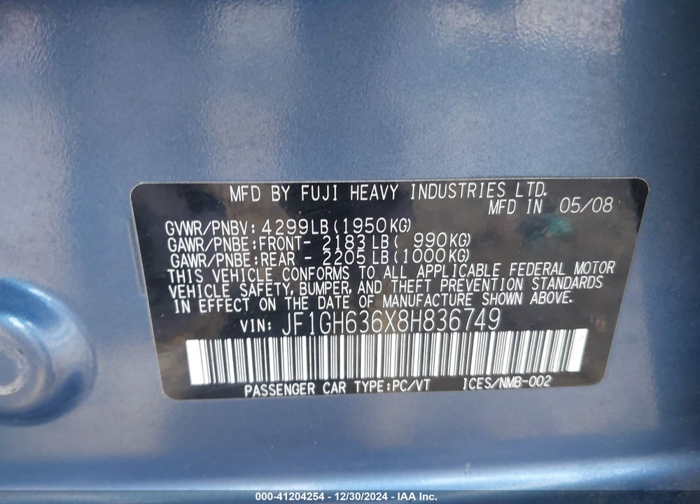 2008 SUBARU IMPREZA OUTBACK SPORT VIN: JF1GH636X8H836749