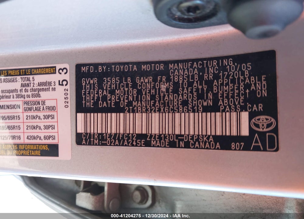 2006 TOYOTA COROLLA S VIN: 2T1BR32EX6C586519