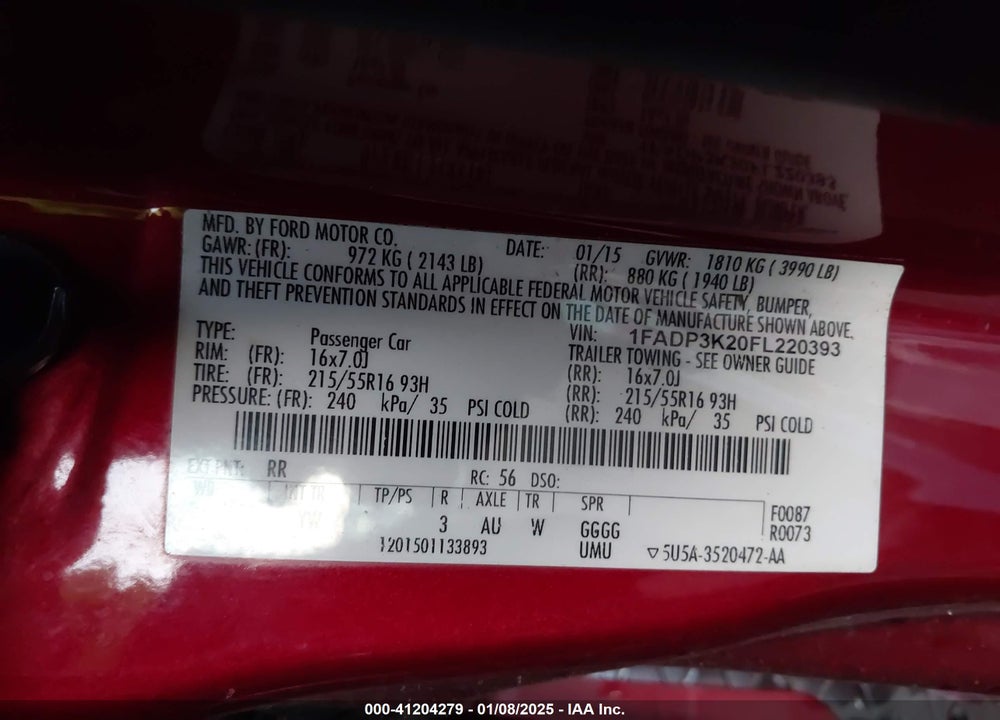 2015 FORD FOCUS SE VIN: 1FADP3K20FL220393