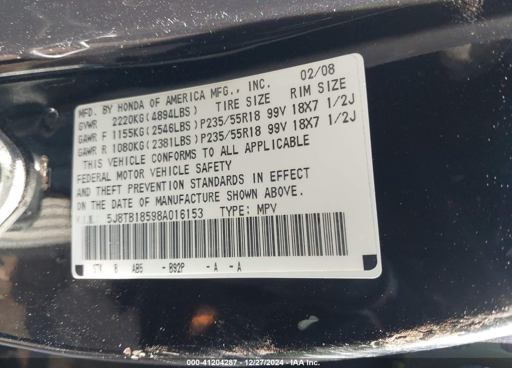2008 ACURA RDX TECH PKG VIN: 5J8TB18598A016153