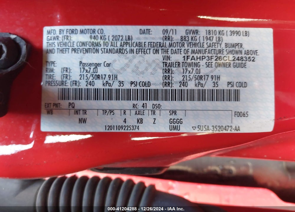 2012 FORD FOCUS VIN: 1FAHP3F26CL248352
