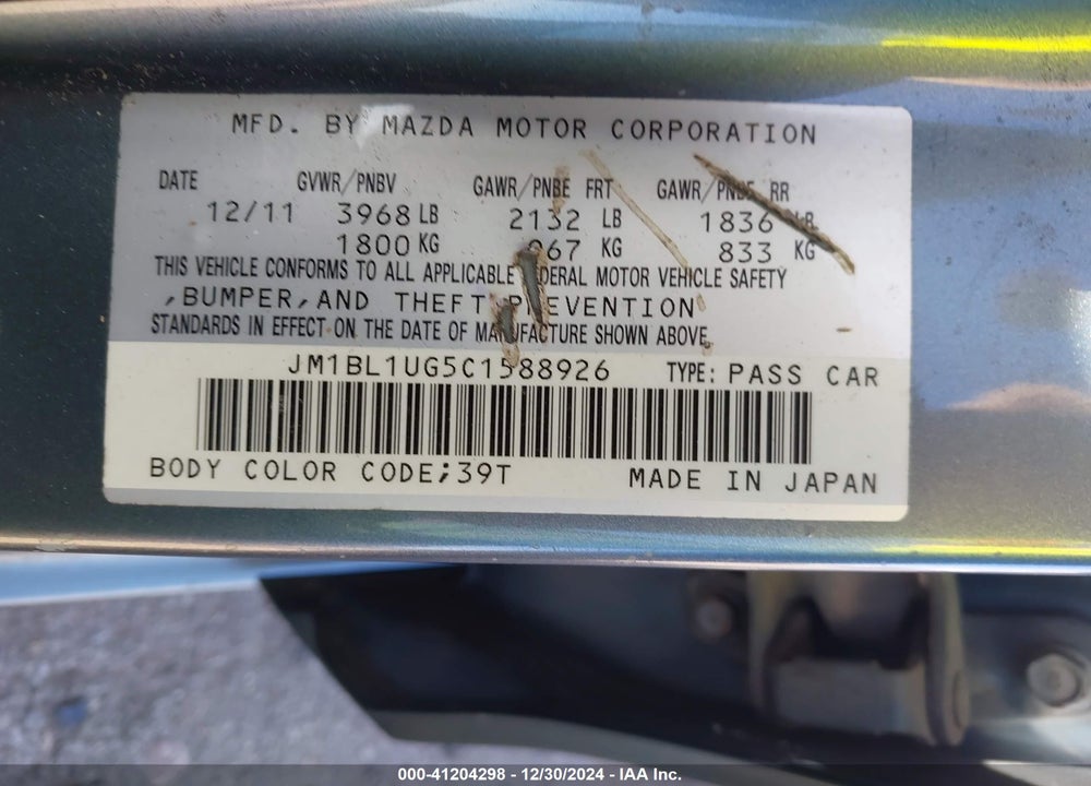 2012 MAZDA 3 I SPORT VIN: JM1BL1UG5C1588926