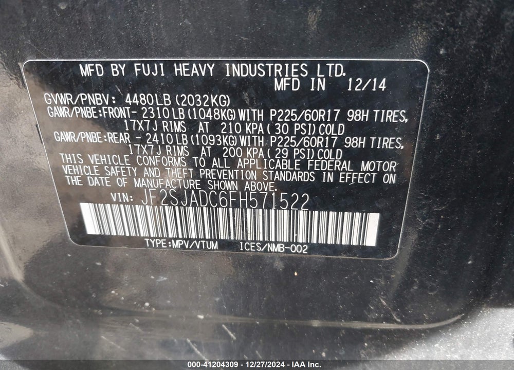 2015 SUBARU FORESTER 2.5I PREMIUM VIN: JF2SJADC6FH571522