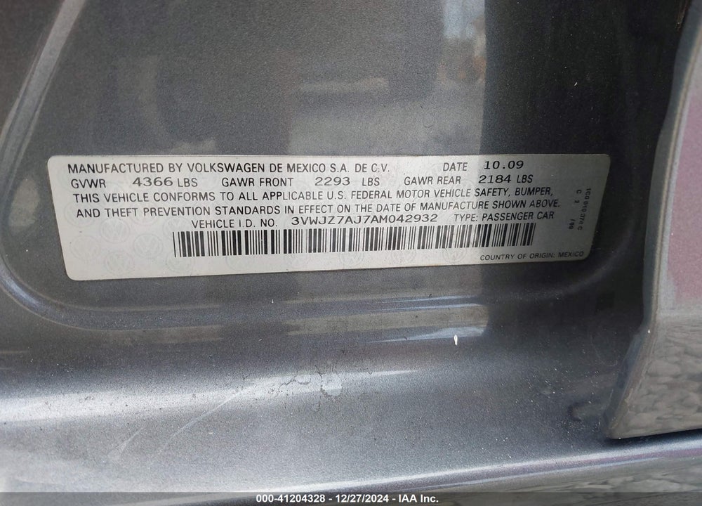2010 VOLKSWAGEN JETTA S VIN: 3VWJZ7AJ7AM042932