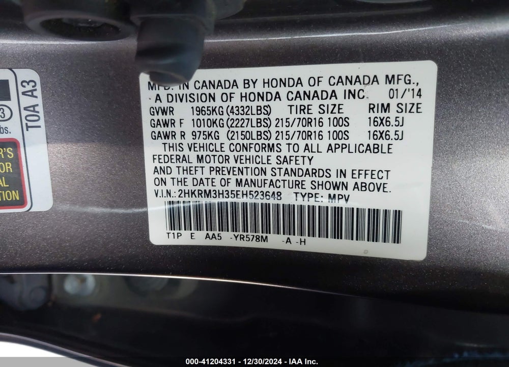 2014 HONDA CR-V LX VIN: 2HKRM3H35EH523648