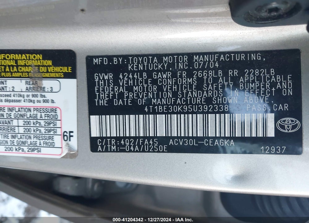 2005 TOYOTA CAMRY XLE VIN: 4T1BE30K95U392338