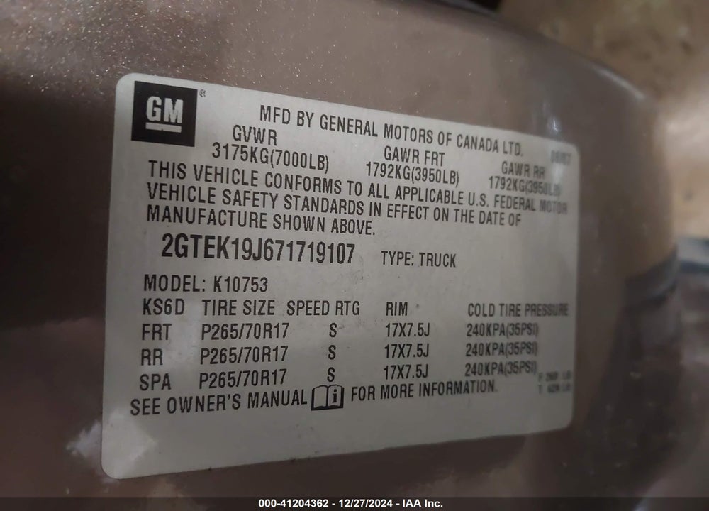 2007 GMC SIERRA 1500 SLE1 VIN: 2GTEK19J671719107