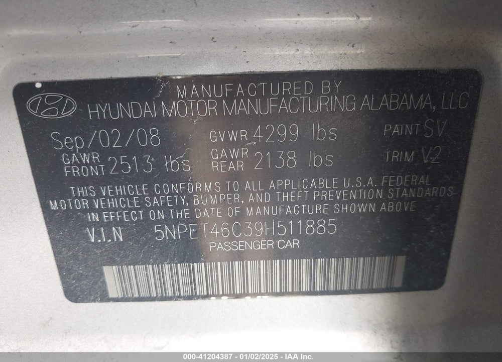 2009 HYUNDAI SONATA VIN: 5NPET46C39H511885