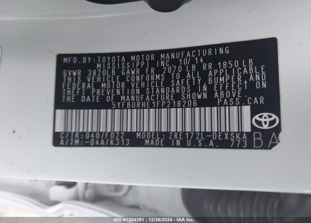 2015 TOYOTA COROLLA VIN: 5YFBURHE1FP218206