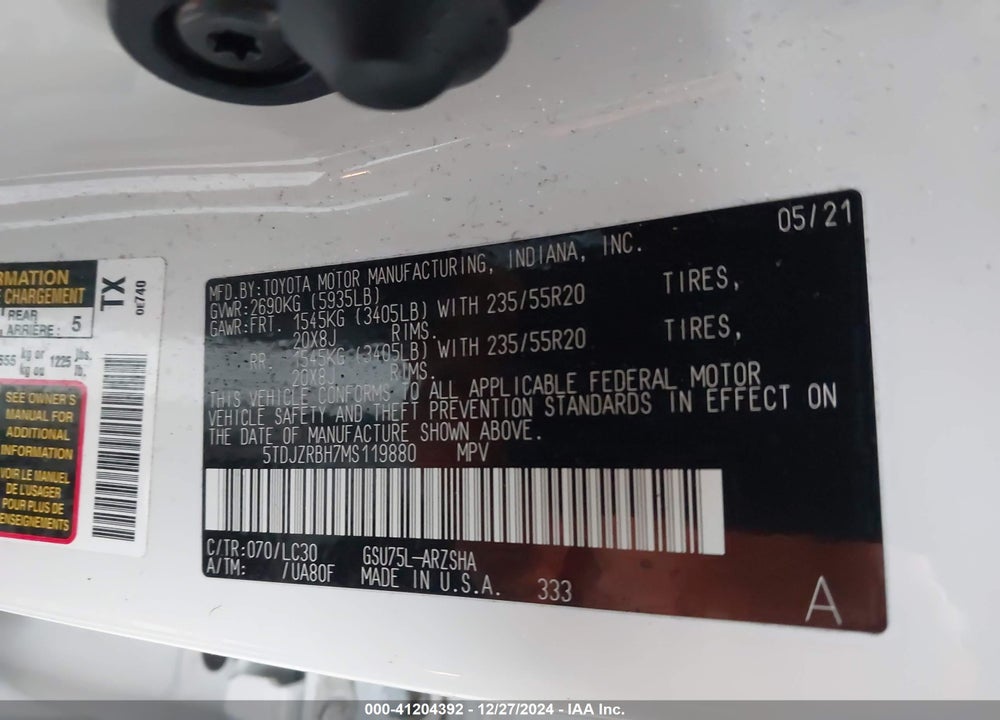 2021 TOYOTA HIGHLANDER VIN: 5TDJZRBH7MS119880